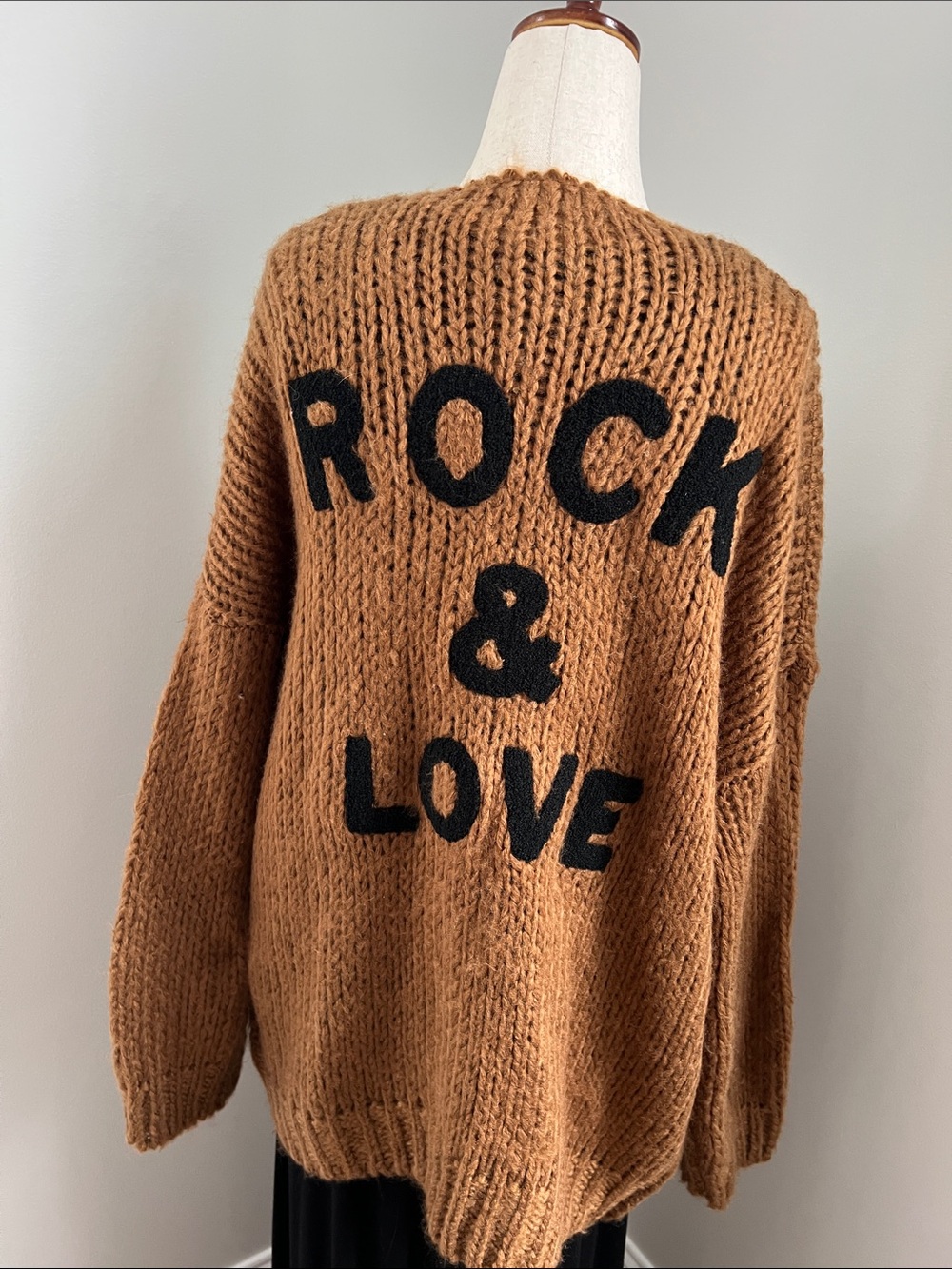 Elan | Chunky Brown 'Rock & Love' Knit Open Cardigan Sweater Cozy Statement Sz M